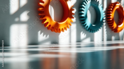 Vividly colored gears are mounted on a white wall, their shadows forming interesting patterns that play with light and highlight industrial beauty and creativity. photo