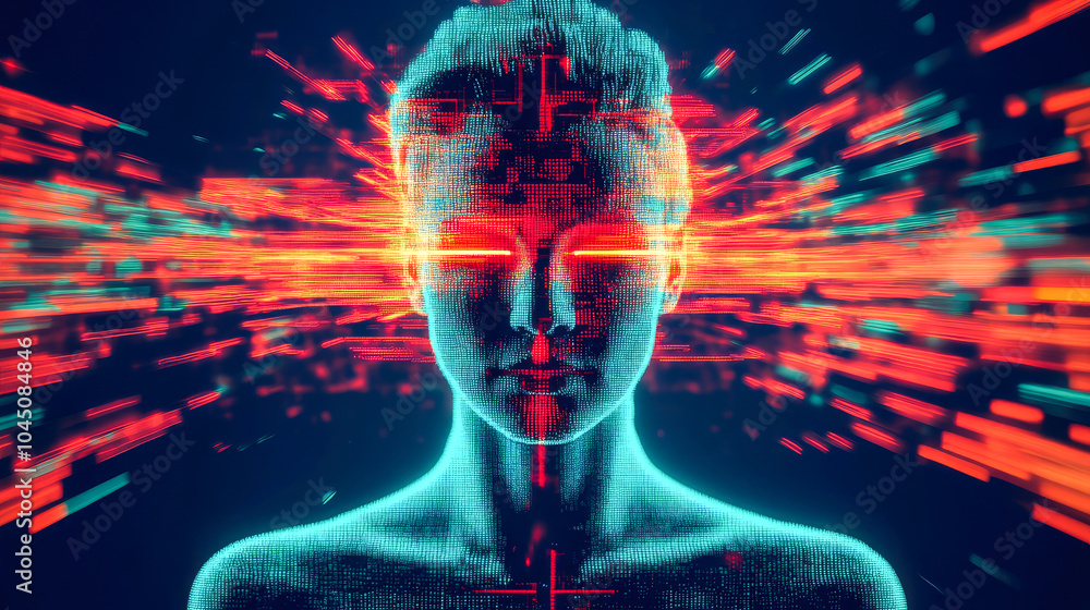 A futuristic human face is depicted with digital effects and streaming lines, suggesting the impact of technology and digital transformation on identity. A futuristic human face is depicted with digital effects and streaming lines, suggesting the impact of technology and digital transformation on identity.