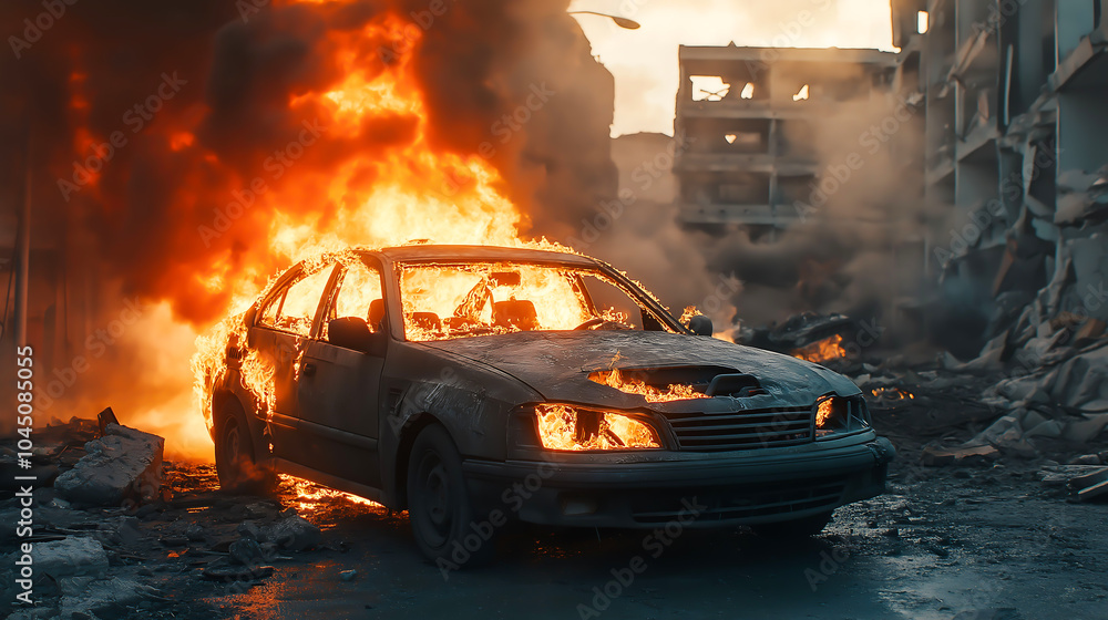 A car fully engulfed in flames on a ruined city street, with the remnants of buildings crumbling and burning in the background, the destruction and chaos of a war torn city A car fully engulfed in flames on a ruined city street, with the remnants of buildings crumbling and burning in the background, the destruction and chaos of a war torn city