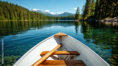 A tranquil scene showing a wooden boat on a crystal-clear lake surrounded by dense pine forest under a bright blue sky, creating a sense of peace and calm. photo