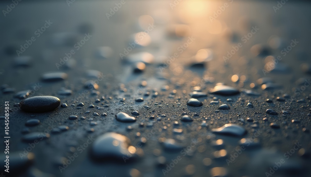 Reflection of tranquility A closeup of water droplets on a surface Reflection of tranquility A closeup of water droplets on a surface