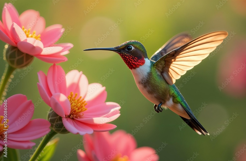 hummingbird close-up fluttering over a beautiful pink flower on a sunny summer day hummingbird close-up fluttering over a beautiful pink flower on a sunny summer day
