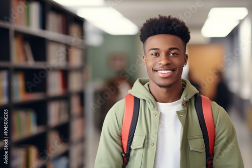 A smiling young African student in a library with books on him holding a backpack publication smile intelligence. photo