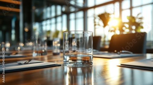 Sunlight streaming through a window reflects off a glass on a refined table setting, evoking tranquility and a hint of luxury in a modern dining setting.