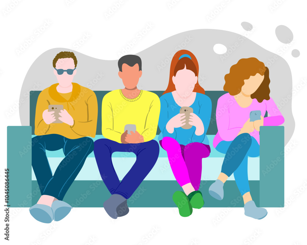 Young group of people sitting on the sofa and holding mobile phones. Young group of people sitting on the sofa and holding mobile phones.