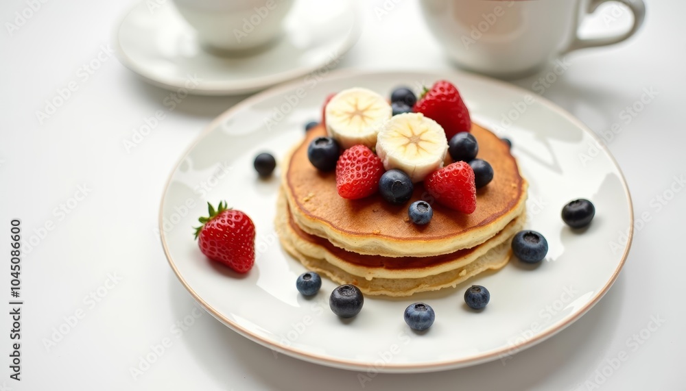 Deliciously stacked pancakes with fresh berries and banana slices Deliciously stacked pancakes with fresh berries and banana slices