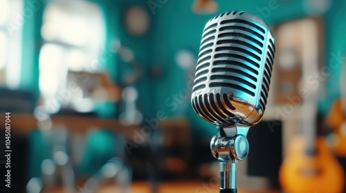 This image features a vintage microphone with a vibrant, inviting workspace atmosphere that includes blurred background elements like a desk and guitar, bright colors abound. photo