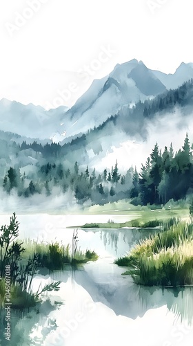 Watercolor landscape of mountains, misty forest, and lake, with soft colors