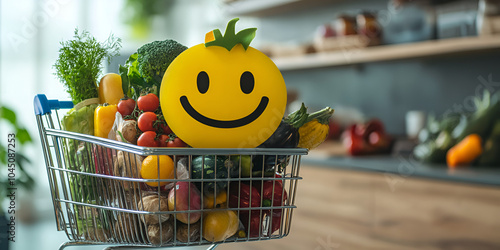 Shopping Cart Filled with Fresh Groceries and Smiley photo