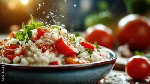 A close-up of a delicious gourmet dish garnished with fresh cherry tomatoes and herbs, showcasing vibrant colors and appetizing flavors in a culinary masterpiece. photo