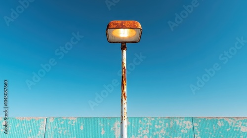 A single rusty streetlamp stands tall against a clear blue sky, with a weathered base and a warm glowing light, evoking a sense of nostalgia and tranquility. photo