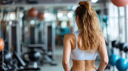 A determined woman with long hair ties focuses on her workout in a bustling gym, reflecting a lifestyle centered on athleticism, discipline, and perseverance.