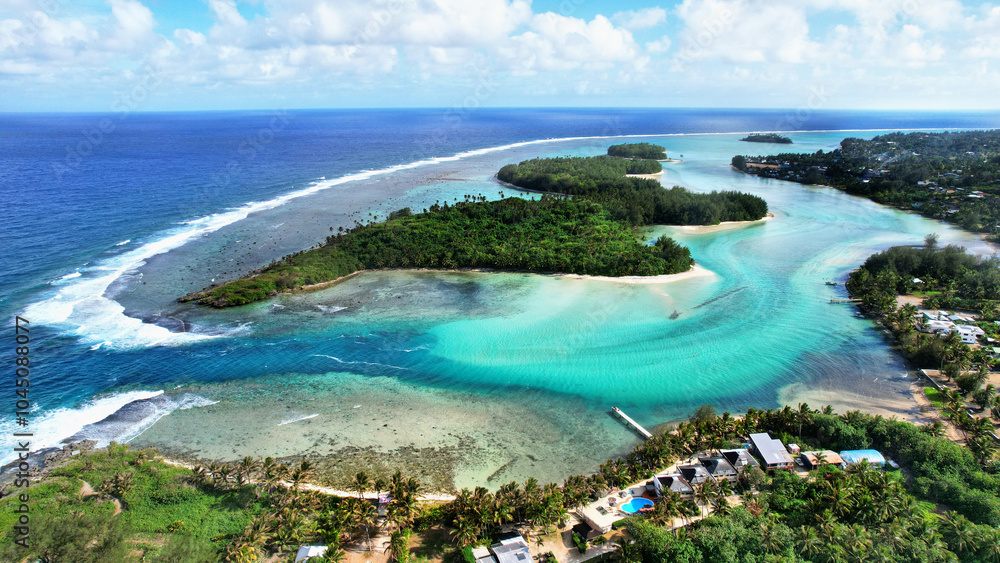 Cook Islands. Rarotonga tropical island Muri beach, aerial view Cook Islands. Rarotonga tropical island Muri beach, aerial view