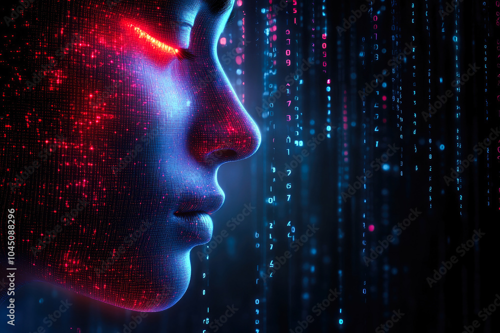 A futuristic image of a human face with a digital theme, featuring a red glow and binary numbers, symbolizing the integration of humanity and technology. A futuristic image of a human face with a digital theme, featuring a red glow and binary numbers, symbolizing the integration of humanity and technology.