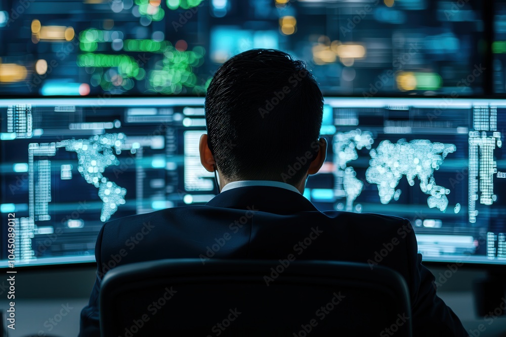 A Professional Analyzing Data at Multiple Monitors in a High-Tech Environment A Professional Analyzing Data at Multiple Monitors in a High-Tech Environment