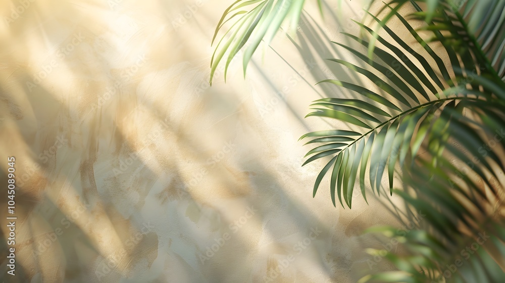 Blurred Palm Leaves Shadow on Light Wall for Elegant Product Presentation Blurred Palm Leaves Shadow on Light Wall for Elegant Product Presentation