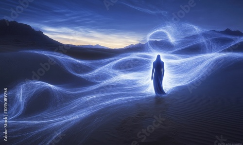 A lone figure walks through blue energy waves.