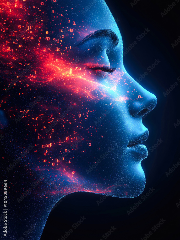 A technological portrayal of a face covered in glowing red numbers and symbols, representing the digital era. Elegantly captures the fusion of tech and humanity. A technological portrayal of a face covered in glowing red numbers and symbols, representing the digital era. Elegantly captures the fusion of tech and humanity.