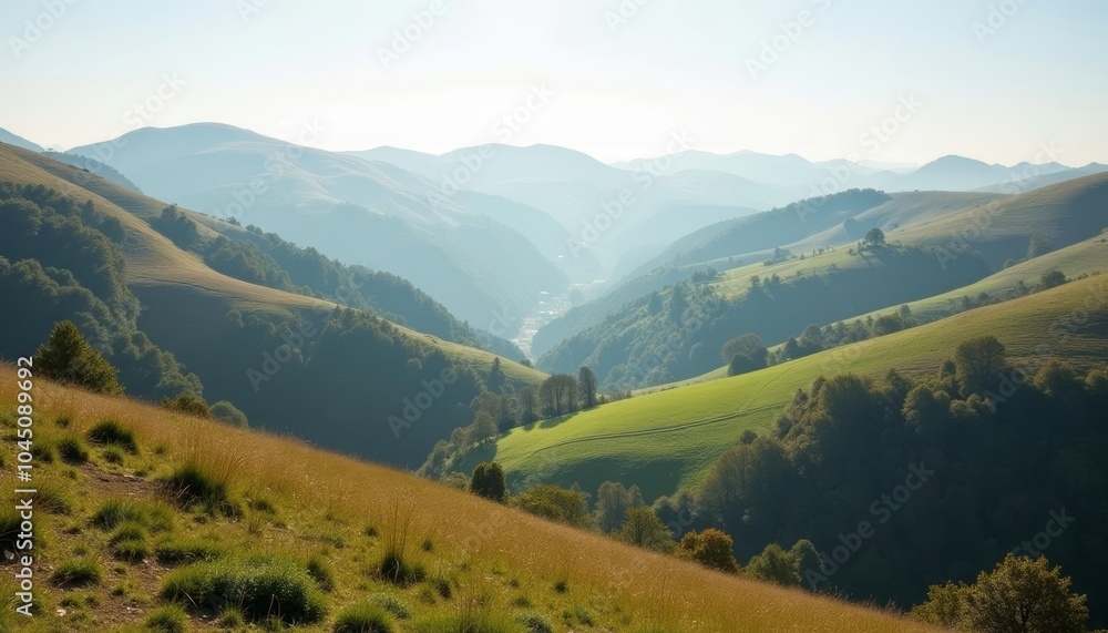Obraz premium Majestic Valley A serene landscape of rolling hills and distant mountains