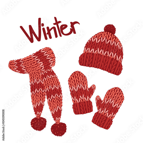 A collection of knitted warm winter clothes. Winter hat, scarf, mittens. Autumn and winter accessories. Seasonal clothes.