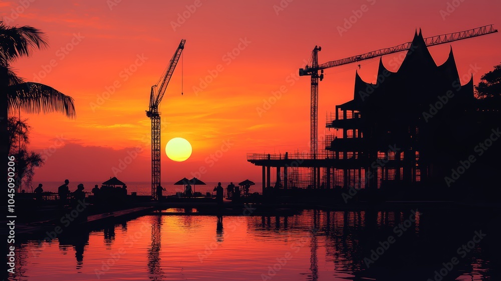 Silhouettes of cranes and a building at sunset over a tranquil pool with palm trees. Silhouettes of cranes and a building at sunset over a tranquil pool with palm trees.