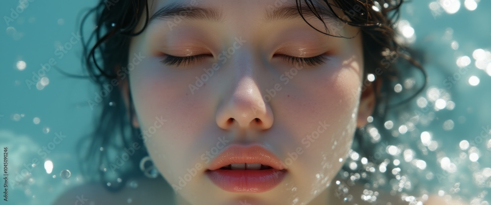 A peaceful image of a woman with her eyes closed, floating underwater and surrounded by soft bubbles, creating a calm atmosphere. A peaceful image of a woman with her eyes closed, floating underwater and surrounded by soft bubbles, creating a calm atmosphere.