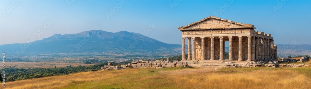 Ancient temple ruins with majestic mountains in the background under a clear blue sky.