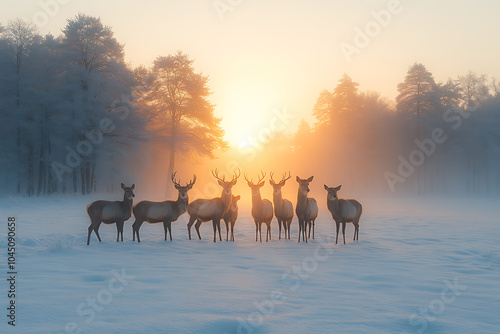 A serene winter scene of deer standing on a snowy field, with soft winter light and distant trees creating a peaceful, natural atmosphere.