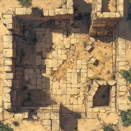 Forgotten Desert Ruins: Top-Down Battle map with Weathered Ancient Stone Structure