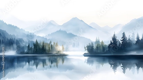 Watercolor landscape of mountains, misty forest, and lake, with soft colors