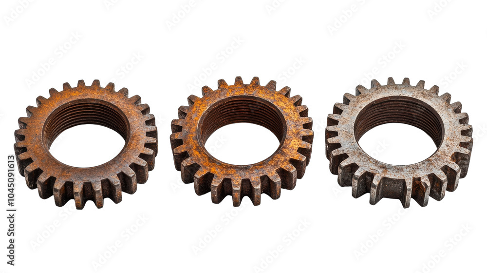Rusty gears resting side by side on a plain background, showcasing unique textures and forms Rusty gears resting side by side on a plain background, showcasing unique textures and forms