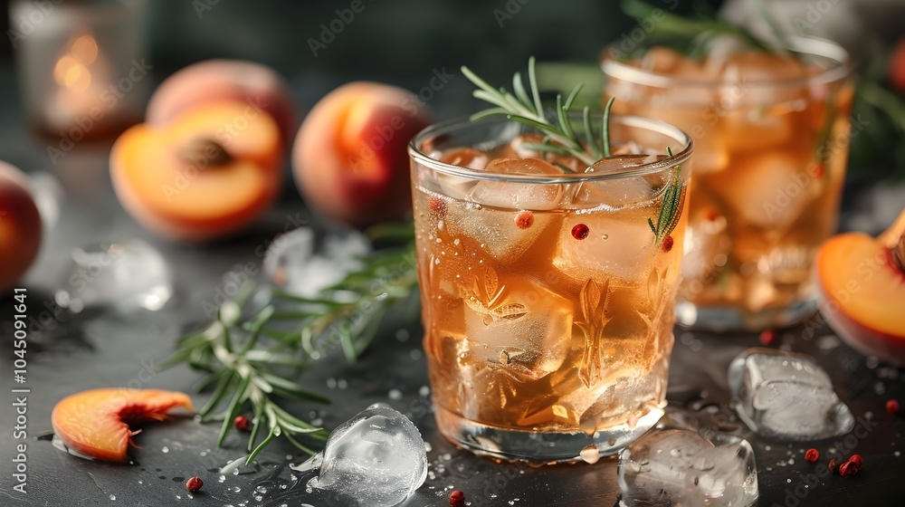 Chilled Peach Tea with Fresh Rosemary in Glass on Rustic Wooden Table Chilled Peach Tea with Fresh Rosemary in Glass on Rustic Wooden Table