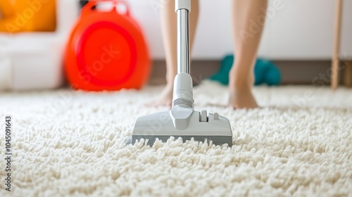 Close-up of a person using a vacuum cleaner to clean a carpet, showcasing effective cleaning techniques and the importance of maintaining cleanliness in home environments for a healthy lifestyle