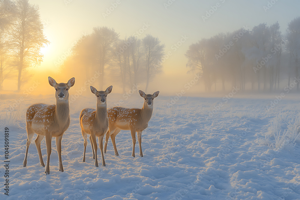 A serene winter scene of deer standing on a snowy field, with soft winter light and distant trees creating a peaceful, natural atmosphere.
A serene winter scene of deer standing on a snowy field, with soft winter light and distant trees creating a peaceful, natural atmosphere.
