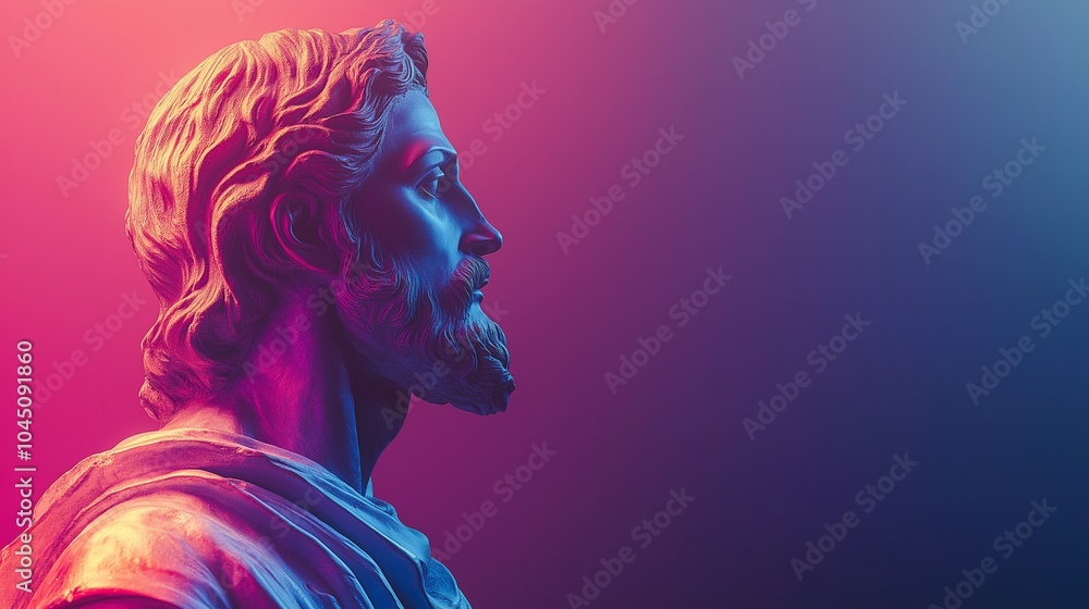 Fototapeta premium Classical statue lit with neon pink and blue light