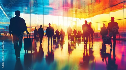 Silhouetted travelers with luggage at an airport during a vibrant sunset.