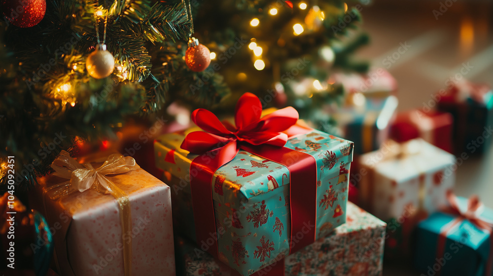 Beautifully wrapped Christmas presents under the tree with lights. Beautifully wrapped Christmas presents under the tree with lights.