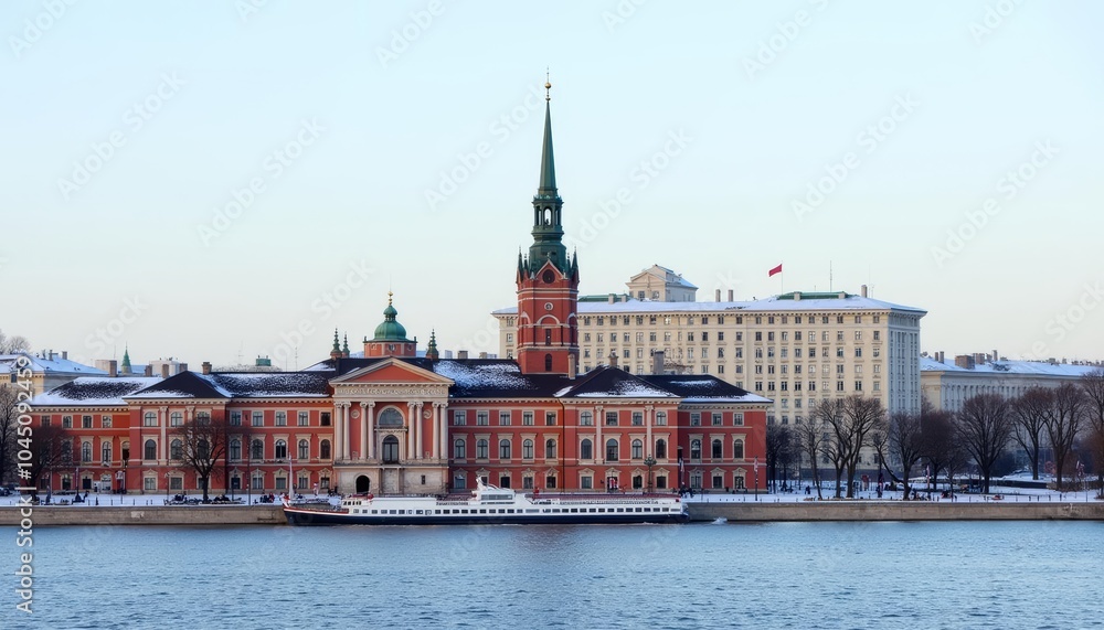 Serene waterside view of a historic building Serene waterside view of a historic building