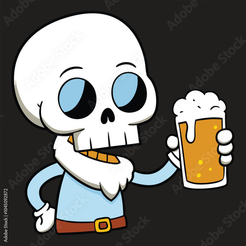 Skeleton holding a beer glass. Skull drinking beer illustration