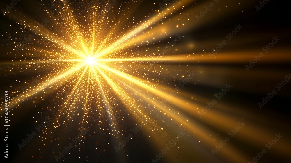 Golden starburst with sparkling particles against a dark background Golden starburst with sparkling particles against a dark background