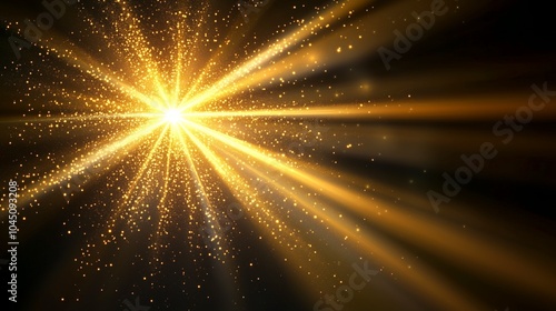 Golden starburst with sparkling particles against a dark background