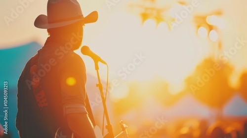 Wallpaper Mural A cowboy passionately performs on stage as the sun sets behind him, creating a captivating atmosphere at the outdoor festival Torontodigital.ca