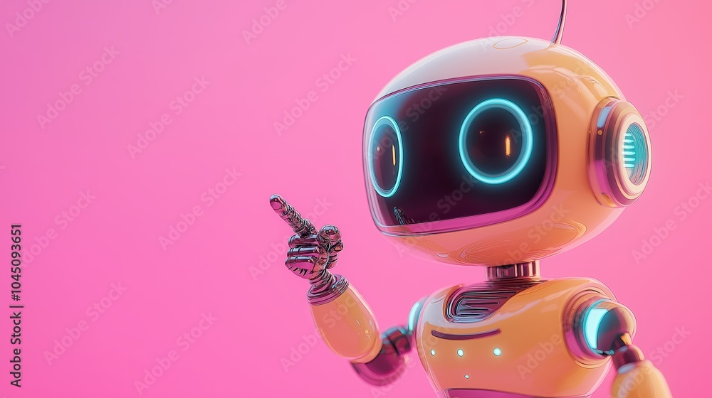 Cute retro robot pointing with a vibrant pink background Cute retro robot pointing with a vibrant pink background