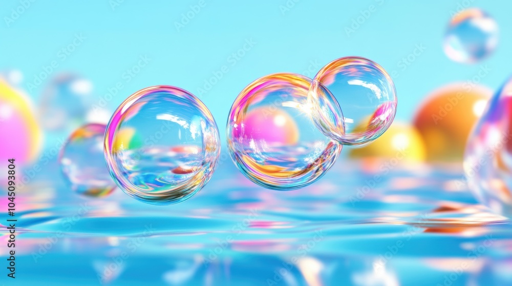 Delicate bubbles float gracefully above tranquil water, illuminated by sunlight and surrounded by a soft, colorful bokeh backdrop Delicate bubbles float gracefully above tranquil water, illuminated by sunlight and surrounded by a soft, colorful bokeh backdrop