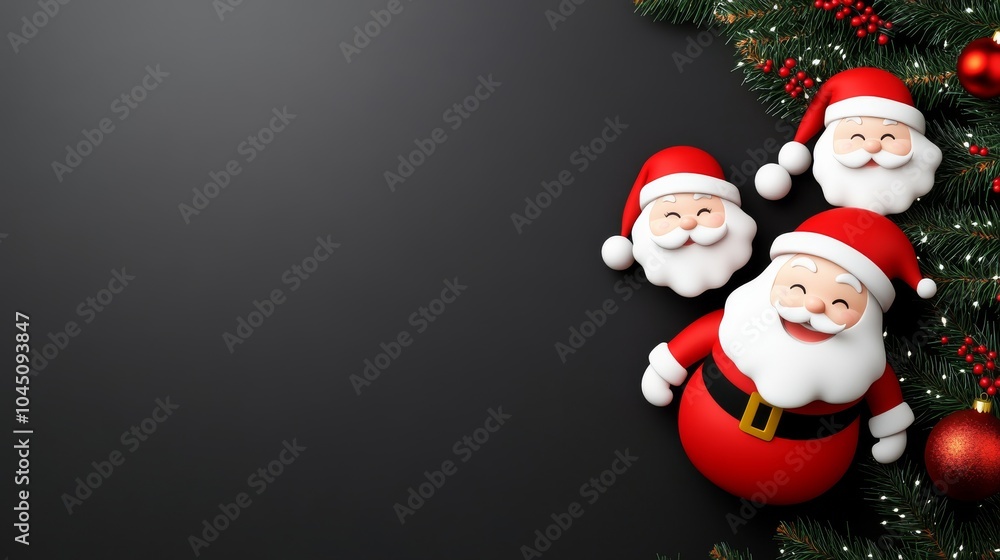 A black background with three santa claus and a red ball A black background with three santa claus and a red ball