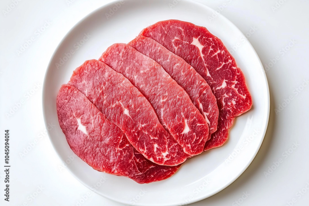 A close-up view of thinly sliced marbled beef arranged in a neat pattern on a white plate A close-up view of thinly sliced marbled beef arranged in a neat pattern on a white plate
