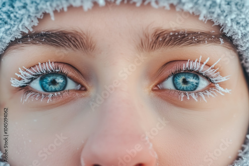 Frost-covered eyelashes and bright blue eyes, framed by frost on eyebrows and rosy cheeks photo