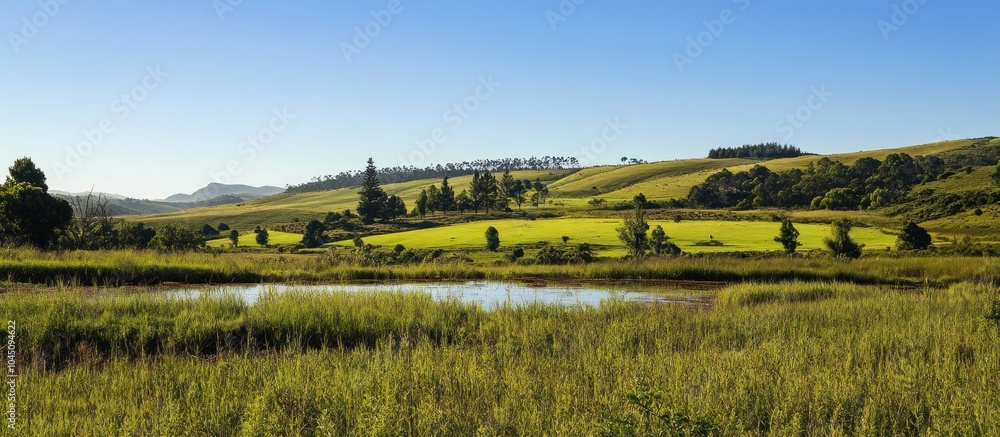 Obraz premium A scenic view of a pond in a valley surrounded by rolling hills.