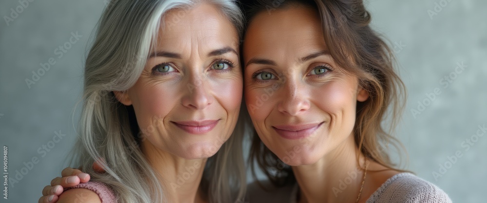 Fototapeta premium A warm and heartfelt portrait of a mother and daughter smiling, showing love and connection between generations.
