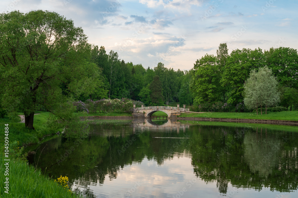 View of the Slavyanka River and the Viscontiev Bridge in the Pavlovsk Palace and Park Complex on a sunny summer day, Pavlovsk, Saint Petersburg, Russia View of the Slavyanka River and the Viscontiev Bridge in the Pavlovsk Palace and Park Complex on a sunny summer day, Pavlovsk, Saint Petersburg, Russia